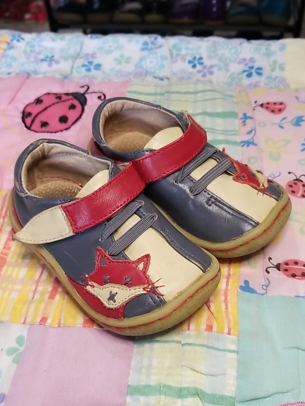 Livie & Luca Toddler Leather Shoes in Blue/Gray, Cream & Red Size 5 Foxes